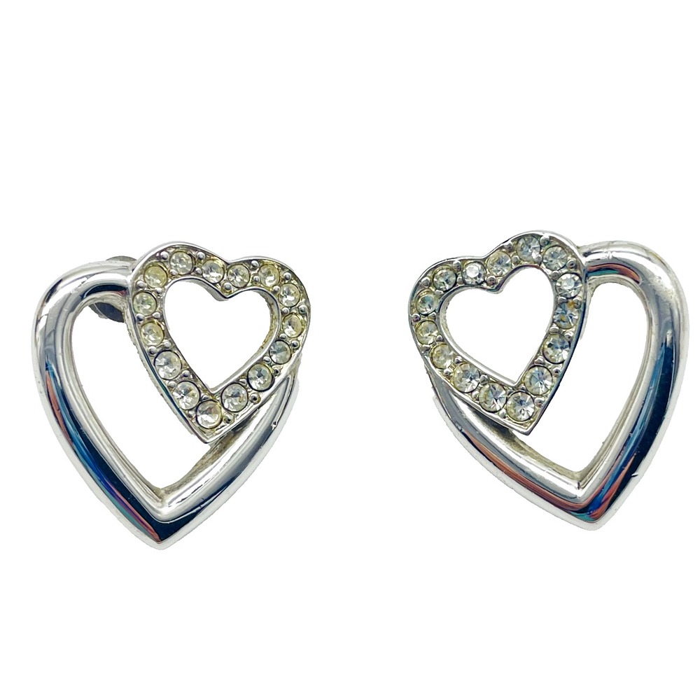 Monet Pierced Earrings Silver Tone Double Heart Rhinestone Signed Vintage